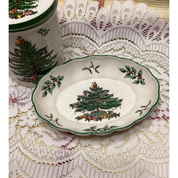 Spode England Christmas Tree Small Oval Platter & Coffee Cup with Coaster - Picture 2 of 12